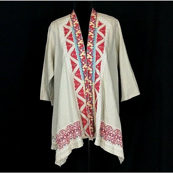 NEW Embroidered Drape Cardigan Jacket M Linen Boho - Picture 1 of 10